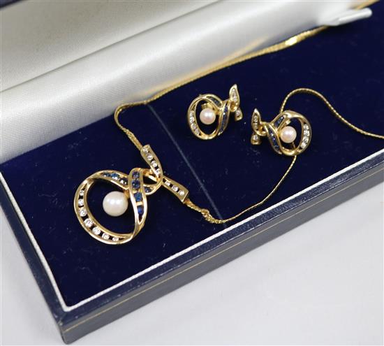 A modern Italian Uno a Erre 18ct gold sapphire, diamond and cultured pearl necklace and pair of matching earrings.